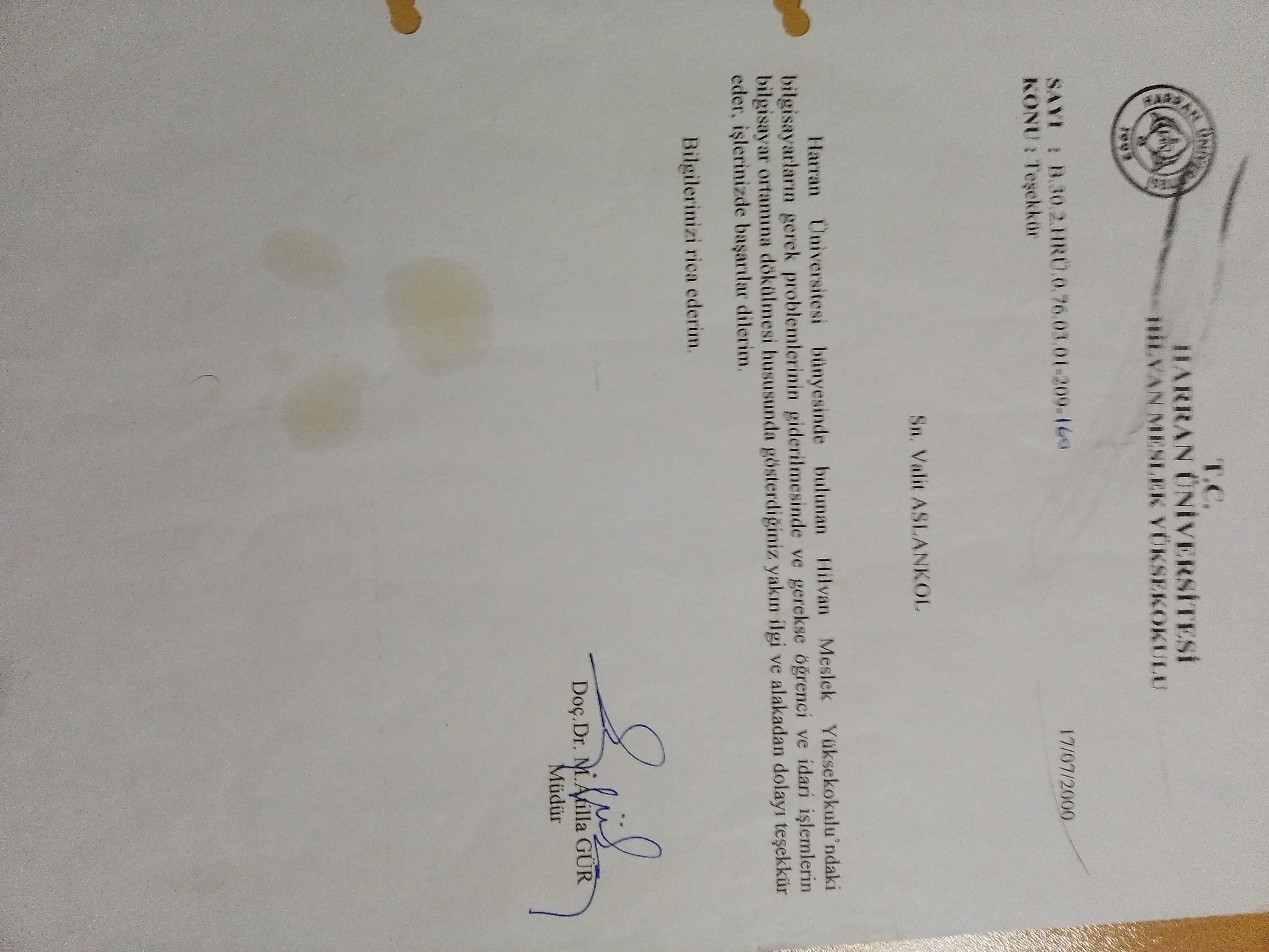 Harran Üniversitesi teşekkür belgesi